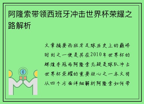 阿隆索带领西班牙冲击世界杯荣耀之路解析
