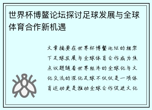 世界杯博鳌论坛探讨足球发展与全球体育合作新机遇