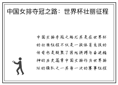 中国女排夺冠之路：世界杯壮丽征程