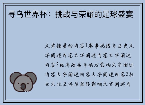 寻乌世界杯：挑战与荣耀的足球盛宴