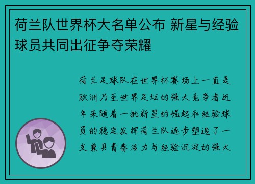 荷兰队世界杯大名单公布 新星与经验球员共同出征争夺荣耀